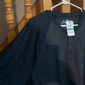 Men's American Rag long sleeve black shirt. 3 buttons at collar table henleys